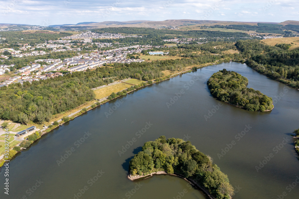 Aerial view of lakes and ponds in Gwent, South Wales, United Kingdom