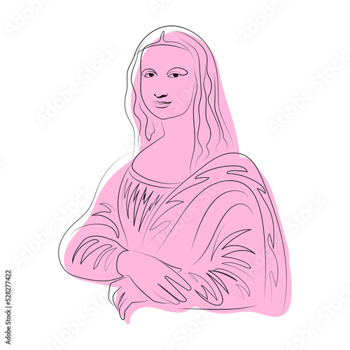 Mona Lisa line art, color spot, minimalism, abstraction, green, red, blue, pink, orange