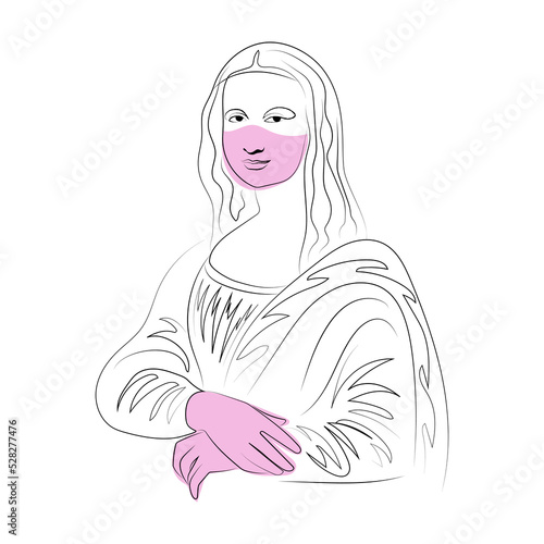 Obraz na plátne Mona Lisa line art, color spot, covid, mask, quarantine, abstraction, blue, pink