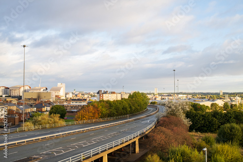 Gateshead UK: 3rd Oct 2021: The A167 flyover in Gateshead city centre skyline in autumn with nice warm sunlight