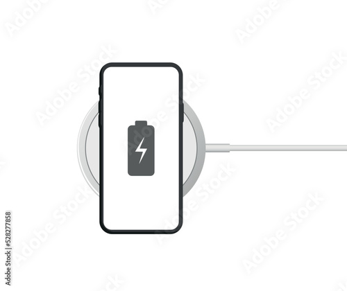 White wireless charging pad with smartphone isolated on white background. The phone is charging. Perfect for any graphic design, instructions, web and more. Vector illustration