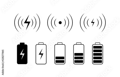 Wireless charging icons linear style. Set of battery symbol different level of charge for energy mobile phone. Accumulator battery charge signs. Vector illustration