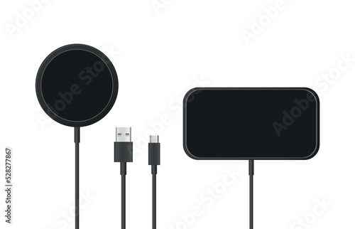 Set of black charging for gadgets on white background. Wireless charger and USB for smartphone. Vector illustration