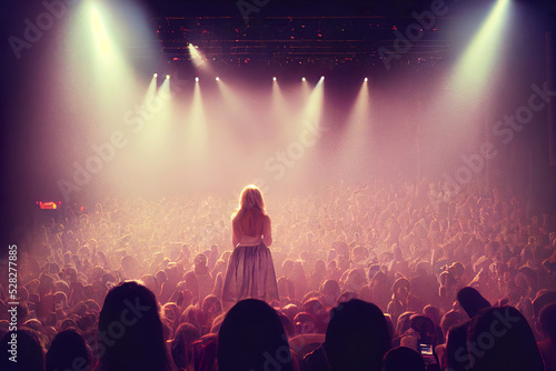 girl standing in the concert, crowd at the background, stage lights, 3d render, 3d illustration