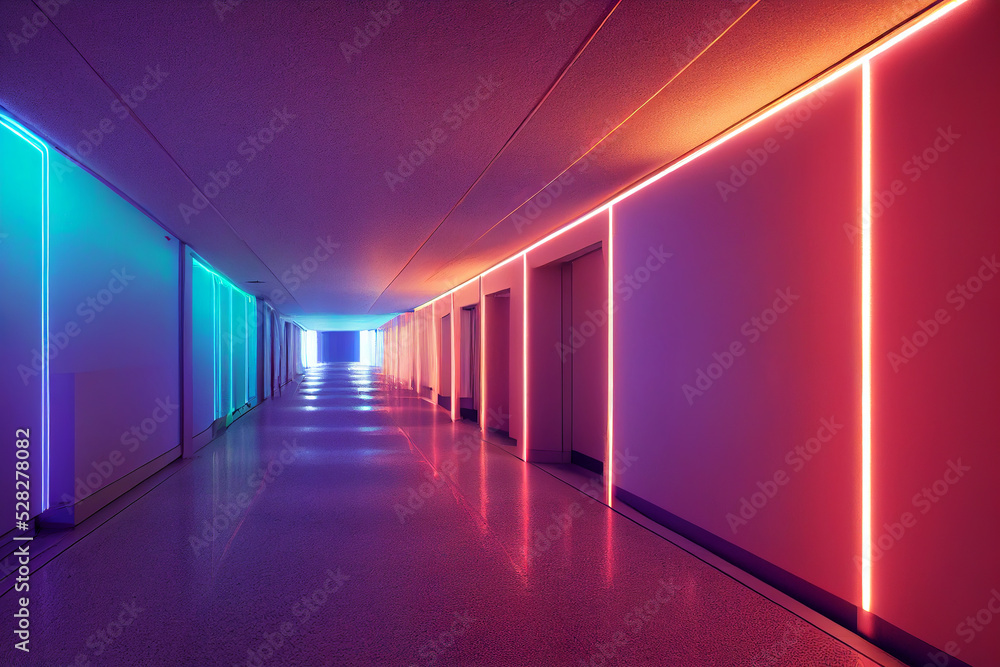 abstract 3d render of a futuristic corridor background, colorful neon lights, 3d render, 3d illustration