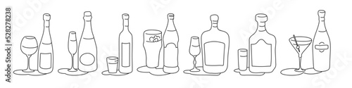 Wine champagne vodka beer liquor rum martini bottle and glass outline icon on white background. Black white cartoon sketch graphic design. Doodle style. Hand drawn image. Party drinks concept