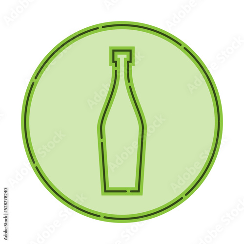 Illustration of bottle of vermouth in flat style in form of thin lines. In the form of background is circle of color drinks. Isolated object design beverage. Simple icon for restaurant, pub, party