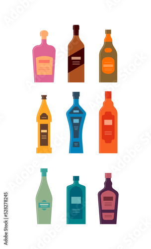 Bottle of liquor whiskey brandy beer vodka cognac vermouth gin rum. Graphic design for any purposes. Flat style. Color form. Party drink concept. Simple image shape