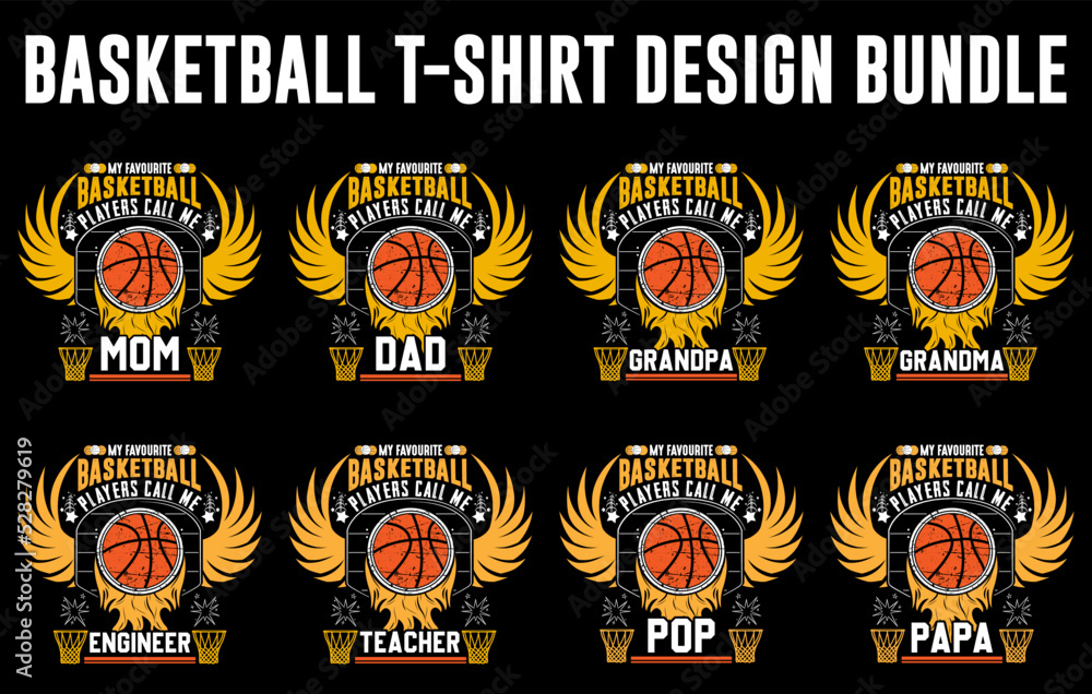 Basketball t-shirt design bundle, Basketball Custom graphic t-shirt set, Basketball game vector, basketball player silhouette