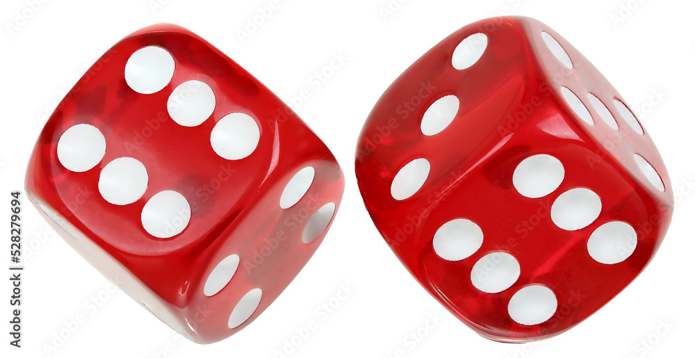 two red transparent dice - obrazy, fototapety, plakaty 