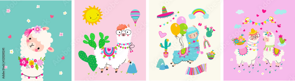 Baby design cute alpaca postcards. Llama birthday party banners with cactus and balloons. Peruvian funny alpacas in love, nursery nowaday vector background