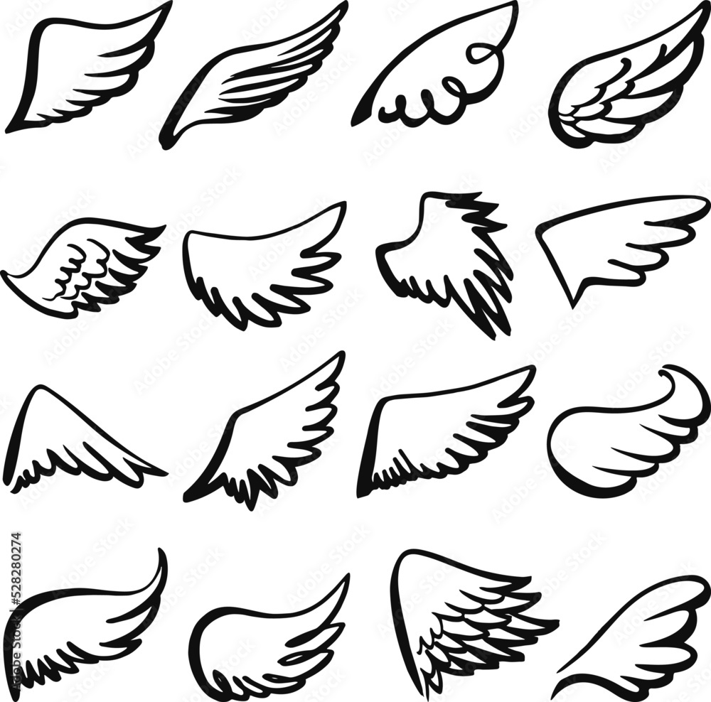 Black angel wings. Isolated drawing wing of bird, goose, seagull, dove. Devil vs angels, holy heaven vintage decoration elements. Doodle tattoo neoteric vector set