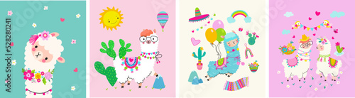 Baby design cute alpaca postcards. Llama birthday party banners with cactus and balloons. Peruvian funny alpacas in love  nursery nowaday vector background