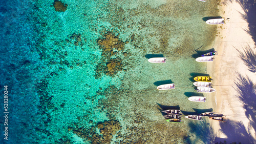 Aerial view of boats on a beach, Sangihe Island, North Sulawesi, Indonesia photo