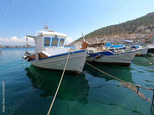 Boat on island Kalimnos, Greece (name of boats digitally removed)