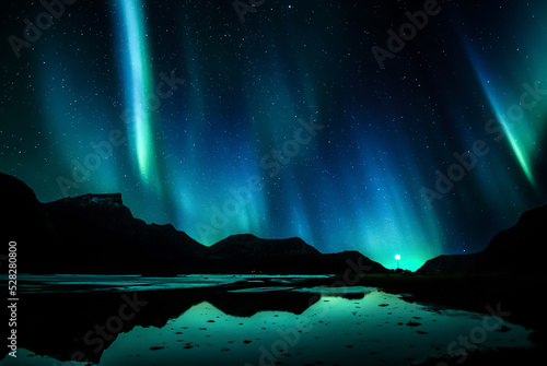 Northern lights over coastal landscape, Lofoten, Nordland, Norway