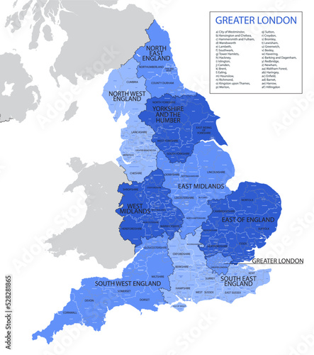 Vector, blue map of England with division into regions, counties and districts photo