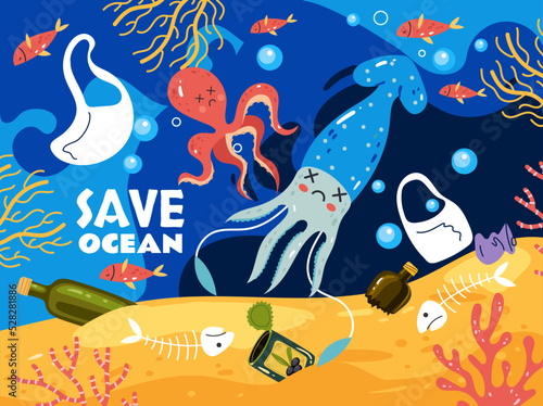 Ocean sea polluted garbage waste ecosystem abstract concept. Vector graphic design element illustration