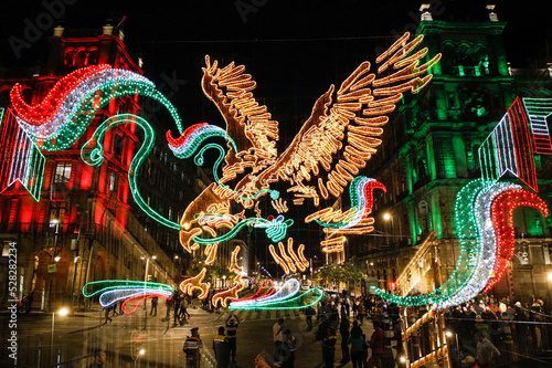 Mexico City, Mexico. September 02, 2019. Decorations of lights to commemorate September 15, the day that commemorates the beginning of the Independence of Mexico, multiple exposure photo.   © Julio Ortega
