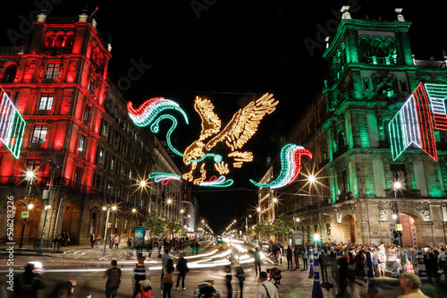 Mexico City, Mexico. September 02, 2019. Decorations of lights to commemorate September 15, the day that commemorates the beginning of the Independence of Mexico, multiple exposure photo.