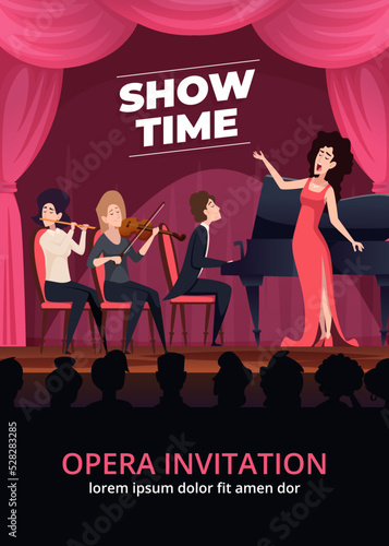 Opera invitation. Night show performance placard with music band orchestra and singers swanky vector cartoon template for print design project