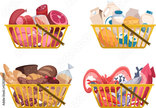 Shopping basket. Bags and packages with groceries organic healthy food vegetables meat and fruits exact vector cartoon grocery market cart illustrations