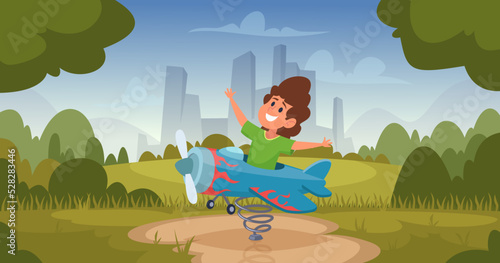 Kids with wings. Little people dreamers running and playing aviation and big planers with crafting wings exact vector cartoon background