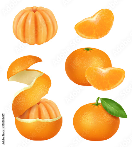 Sliced orange. Realistic peeled mandarin and orange skin natural helthy juicy food decent vector template photo