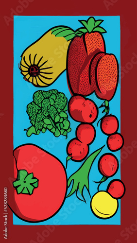 Fototapeta Naklejka Na Ścianę i Meble -  Vector illustration with fresh organic vegetables and fruitmizdorovoe nutrition. A set of vegetarian sliced, full of vegetables and fruits.