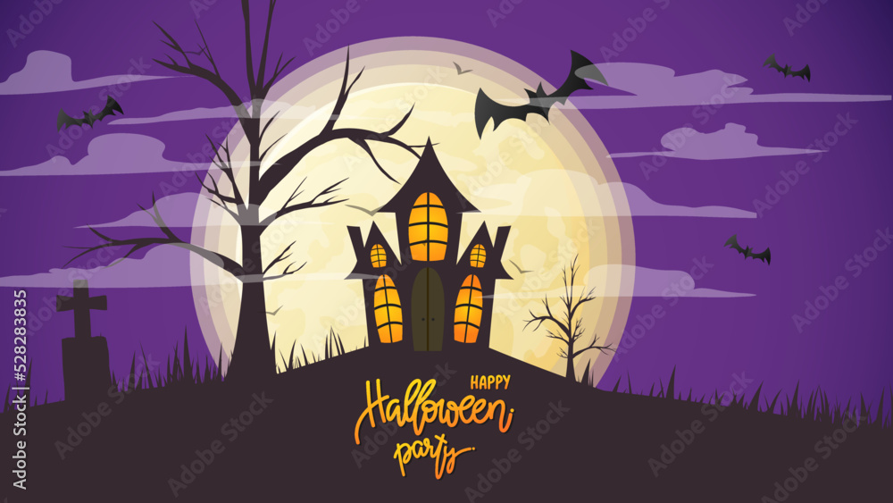 Halloween handwritten with Haunted Castle and Big Moon and bat at purple in Halloween , Flat Modern design , illustration Vector EPS 10