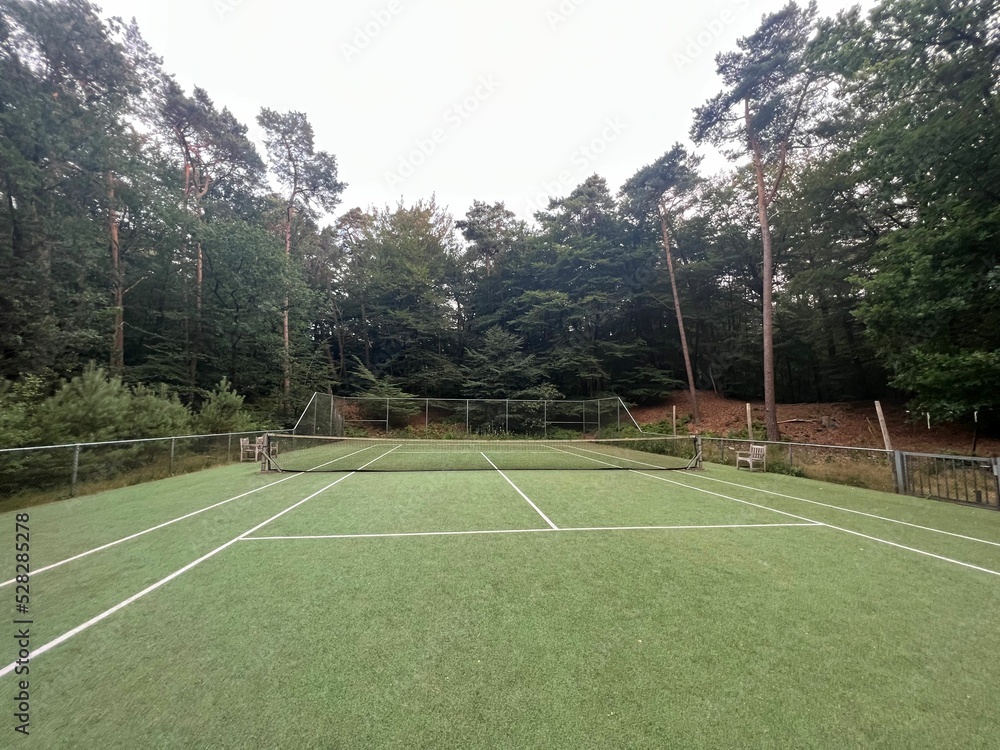Fototapeta premium Tennis court with green grass and net outdoors