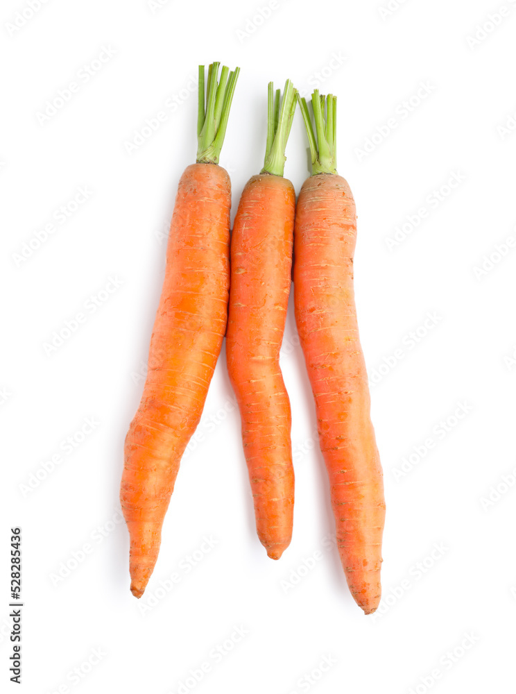 Tasty ripe carrots on white background, top view Tasty ripe carrots on white background, top view