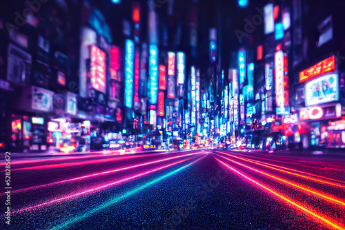 abtract colorful futuristic night city background, tokyo, neon signs, long exposure lights, 3d render, 3d illustration