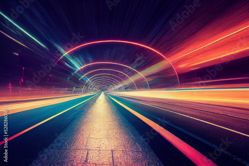 abstract futuristic tunnel with colorful neon lights  long exposure background  3d render  3d illustration
