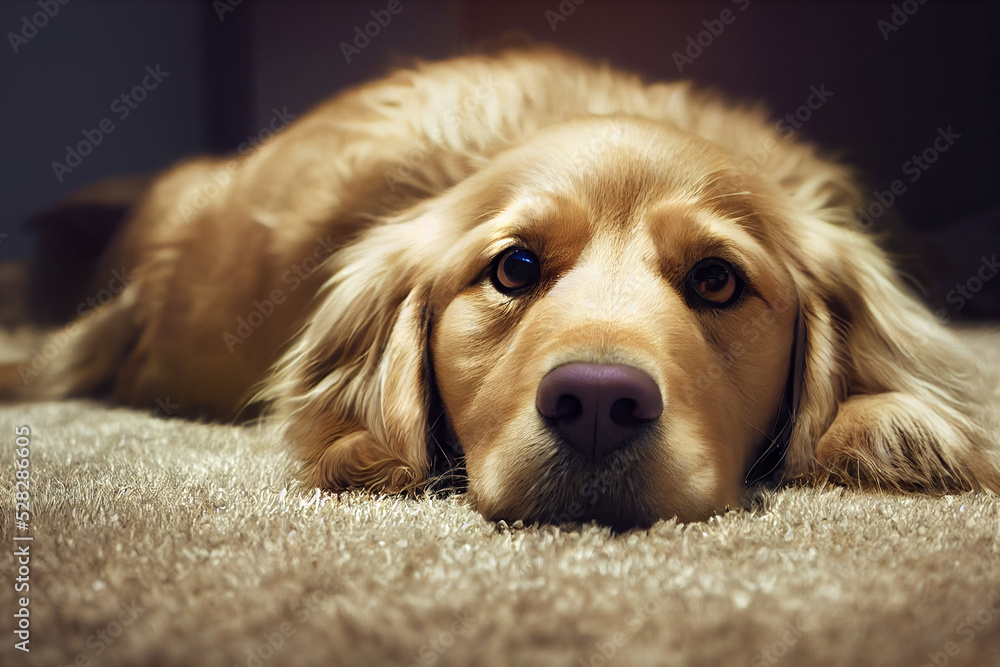 adorable golden retriever lying on the carpet, 3d render, 3d illustration