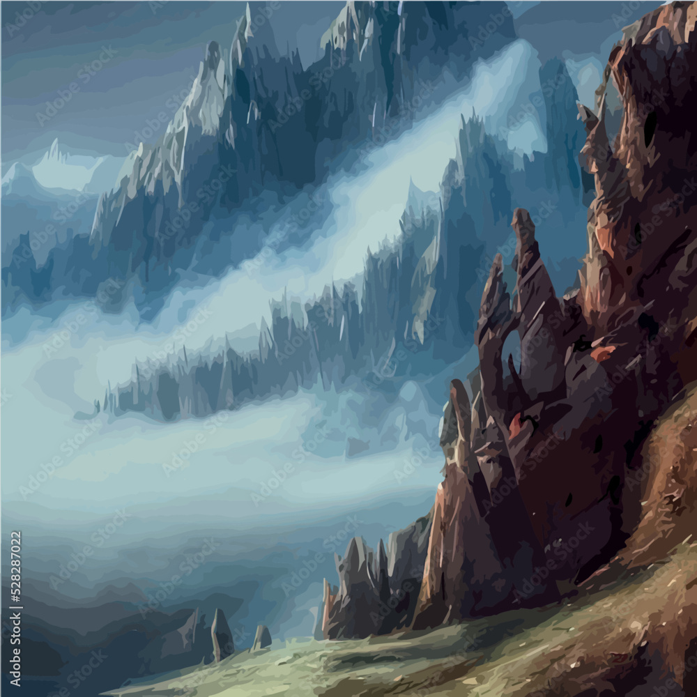 Realistic illustration of a mountain landscape with hills and ...