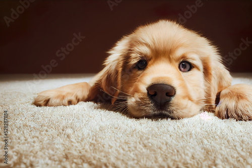 adorable golden retriever puppy lying on the floor, 3d render, 3d illustration