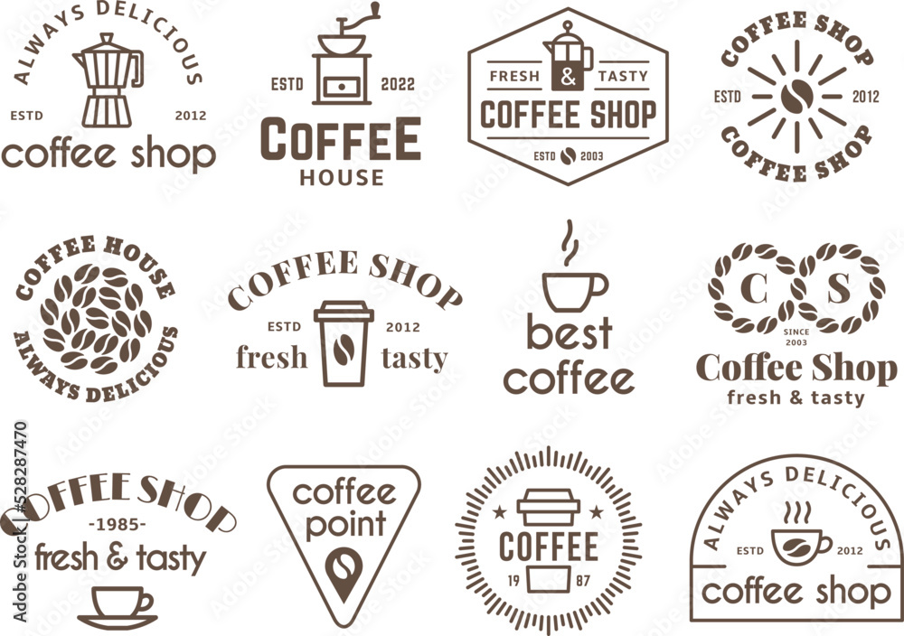 Coffee shop labels. Quality flavors rustic badges. Hot drinks cafe symbol with beans and cups. Round logo and badges, espresso arabica tidy vector icons