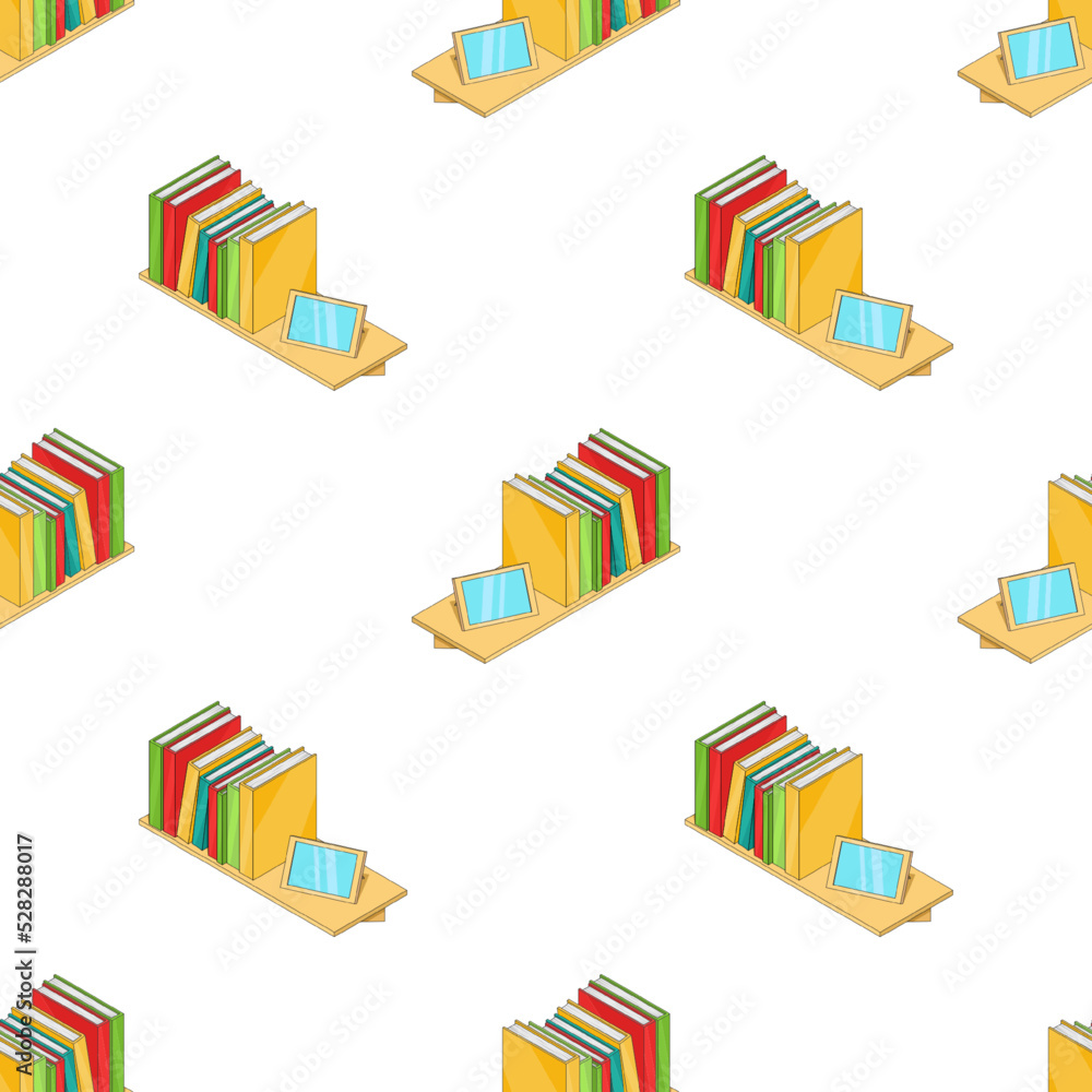 Bookshelf seamless pattern. A large set of vector images in isometric. Wooden shelf with books and photo frame. Kit for games from different angles. Vector illustration in cartoon style. Bookshelf seamless pattern. A large set of vector images in isometric. Wooden shelf with books and photo frame. Kit for games from different angles. Vector illustration in cartoon style.
