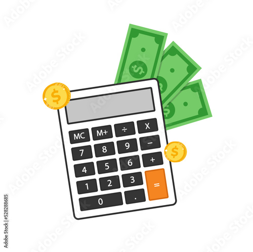 Calculator with money and coins to count and manage finances.