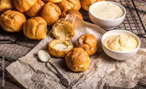 Homemade profiteroles with custard.