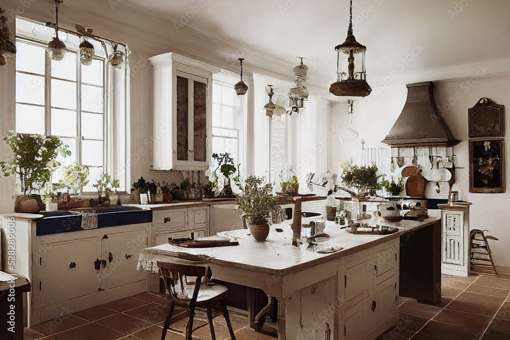 beautiful vintage country cozy kitchen with white accents, 3d render, 3d illustration