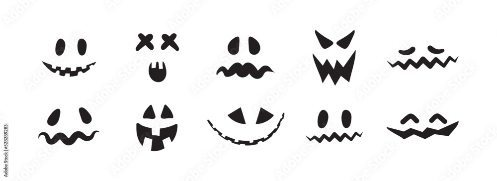 Set of scary and funny Halloween pumpkin or ghost faces isolated on white background. Vector collection.