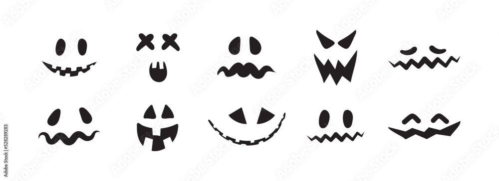 Set of scary and funny Halloween pumpkin or ghost faces isolated on white background. Vector collection. Set of scary and funny Halloween pumpkin or ghost faces isolated on white background. Vector collection.