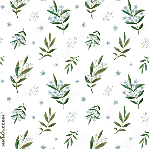 Green watercolor branch with flowers seamless pattern on white background. Floral botanical design