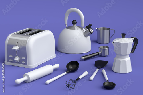Toaster, kettle with kitchen utensil for preparation of breakfast on violet