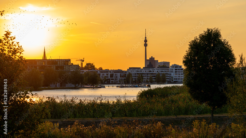 Phoenix lake in Dortmund at sunset.