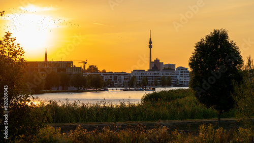 Phoenix lake in Dortmund at sunset.