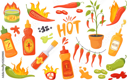 Cartoon burning sauce. Hot peppers spicy meal, dip chilli ketchup burned mexican seasoning salsa sauces bottle jalapeno cayenne spice jar