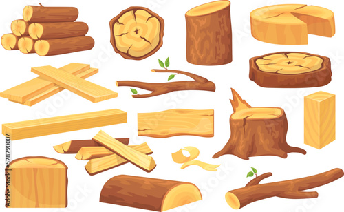 Cartoon stacked trunks. Wooden trunk cutting tree timbers materials, cut wood log lumber piece logging trees stump board hardwood construction material set neat vector illustration